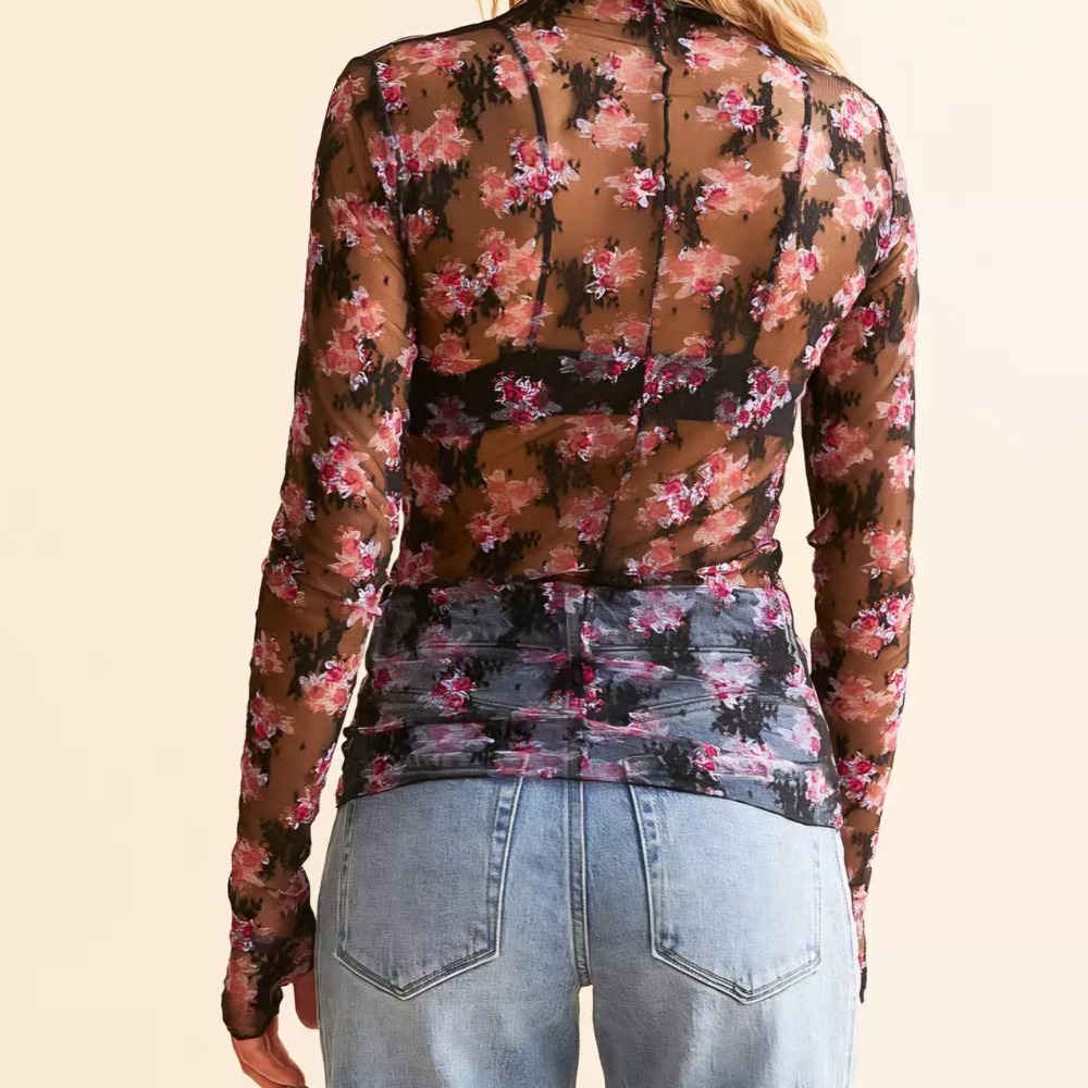 Free People Intimately Dark Floral Mesh Mock Neck Small Y2K 90s Layer Whimsigoth - Picture 11 of 11